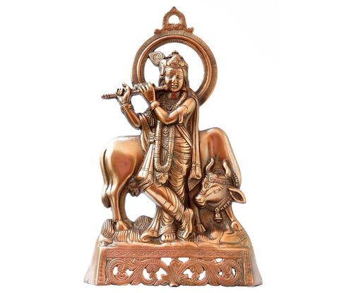 Статуя алюминиевая плоская Кришна с Нанди 29220 фото