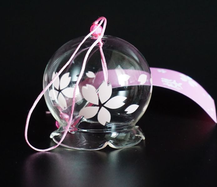Японський скляний дзвіночок Фурін зі спідничкою Рожеві квіти 25053 фото