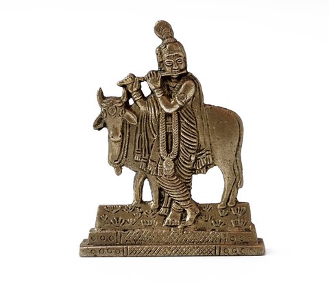 Статуя бронзовая Кришна с Нанди 29142 фото