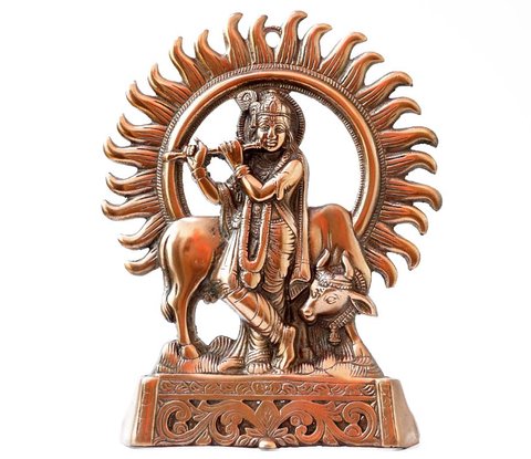 Статуя алюминиевая плоская Кришна с Нанди 29208 фото